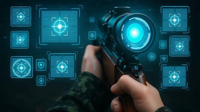 Soldier aiming rifle with digital targeting scope and holographic interface showing precision crosshair technology for military operations - Powered by Adobe