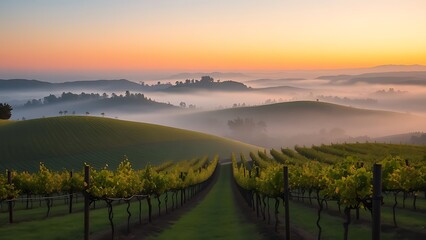 Vineyard landscape with rolling hills and golden sunrise tones under morning mist.