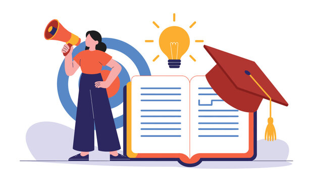 Illustration of person with megaphone, open book, light bulb, and graduation cap, symbolizing education, learning, and academic achievement