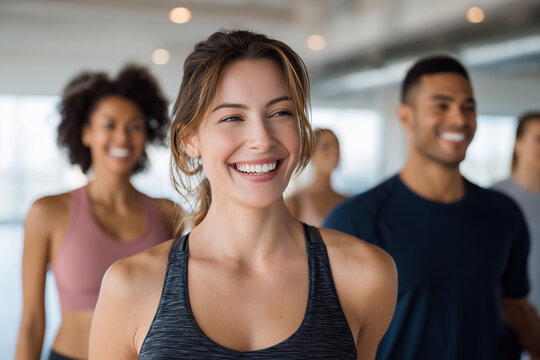Smiling diverse group of young adults enjoying a fitness class together in a bright modern gym