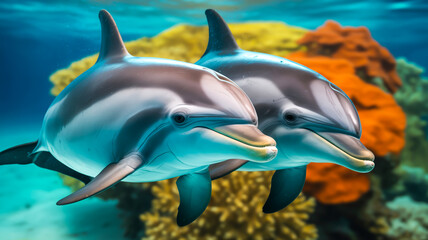 A close-up underwater photograph of two Bottlenose dolphins swimming side by side against a vibrant coral reef backdrop