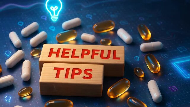 Wooden blocks with helpful tips text surrounded by medical capsules and glowing digital holographic health icons representing advice and guidance