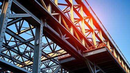 Naklejka premium Industrial steel structure with geometric patterns, highlighting construction progress under clear skies.