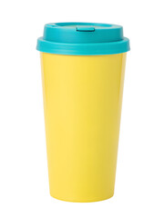 Yellow coffee cup with teal lid isolated on transparent background