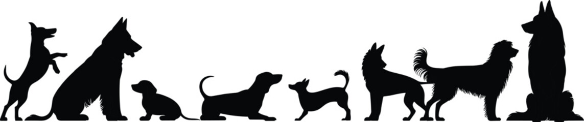 Silhouette of different dog breeds standing, sitting, playing, and posing together in a row, black pet shapes, canine variety