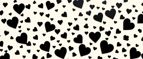 Whimsical scattering of black hearts on pure white background,  whimsical,  texture