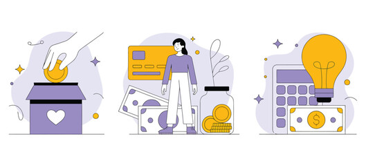 Illustration of donation, budgeting, and financial planning scenes, symbolizing personal finance, savings, and responsible money management