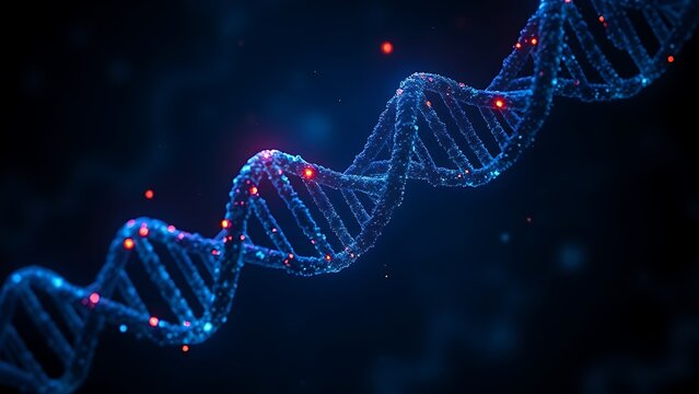 Dark DNA strands glowing under artificial light, revealing intricate hidden patterns.