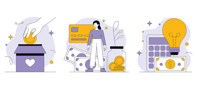 Illustration of donation, budgeting, and financial planning scenes, symbolizing personal finance, savings, and responsible money management