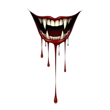 Gothic vampire fangs with dripping red blood on transparent background