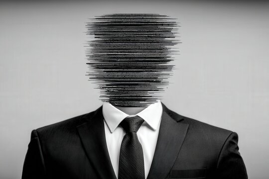 Individual in formal attire with a distorted digital visage highlighting the concept of anonymity and identity crisis within contemporary society through innovative visual abstraction