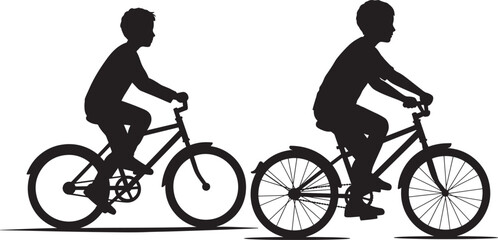 Obraz premium Two kids riding bicycles in profile view vector silhouette