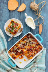 sweet potato casserole with bacon, cheese, onion