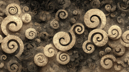 Abstract Stone Texture with Spiral Patterns, Decorative Background with Swirling Shapes, Beige and Brown Tones, Artistic Design Element for Creative Projects, Elegant Stone Carving