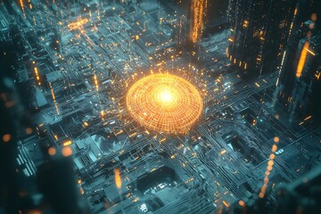 Stunning digital technology with glowing core and intricate circuit patterns, excellent for modern tech concepts, innovative solutions, and futuristic designs