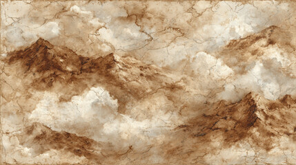 Abstract Mountain Range Landscape Texture Background in Sepia Tones, Featuring Textured Peaks, Clouds, and Cracks, Ideal for Wallpapers, Backdrops, and Artistic Designs, Evoking a Vintage