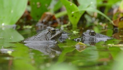 Two frogs partially submerged in murky water among aquatic plants