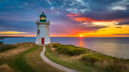 A dramatic landscape photograph of a white stone lighthouse at sunset. The lighthouse has a green dome top and a red door, standing on a grassy cliff overlooking the ocean