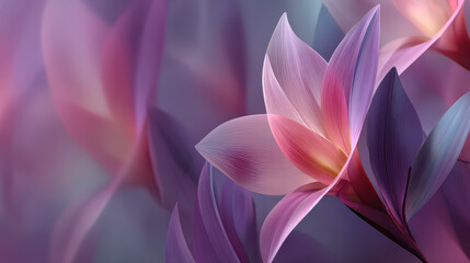 Elegant Floral Abstract with Translucent Petals in Shades of Pink, Purple, and Lavender, Featuring Delicate Lines and Soft Light, Ideal for Backgrounds, Wall Art, and Creative Projects