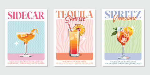 Set of 3 Cocktails retro poster. Sidecar, Spritz veneziano, Tequila sunrise. Collection of popular alcohol drinks. Vintage style vector illustrations, bar, pub, restaurant, kitchen wall art