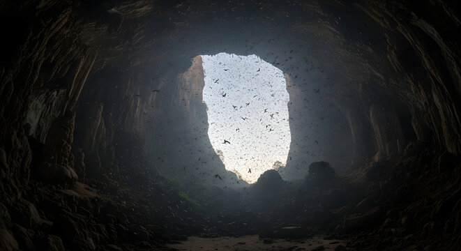 Thousands of bats ascending from the depths of a dark natural cave, silhouetted against the bright exit, creating a stunning spectacle of wildlife in a geological wonder - Powered by Adobe
