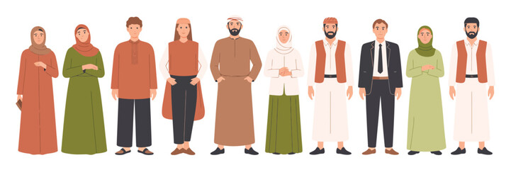 Illustration of ten individuals in traditional and modern Middle Eastern attire, symbolizing cultural diversity and regional fashion heritage