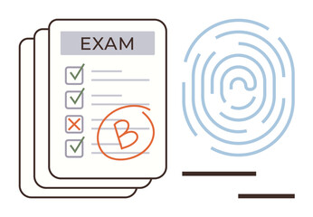 Exam paper with grade B circled among checkboxes and crosses, next to stylized fingerprint graphic. Ideal for education, testing, assessment, security, identification, verification, data protection
