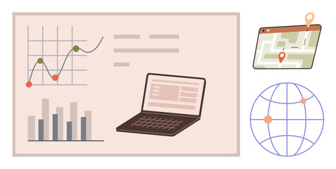 Graph with bar and line charts, open laptop screen, map tablet showing geolocation pins, globe grid. Ideal for data visualization, technology, analysis, statistics, location mapping global