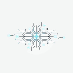 Vector illustration of a technology hub with a central idea lightbulb connected by digital pathways and network icons
