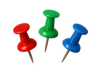 Set of three colorful push pins (red, green, blue) icons, isolated on transparent background, floating arrangement, PNG cutout effect