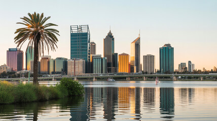Fototapeta premium A scenic cityscape photograph of Perth, Australia at sunset, taken from across the Swan River