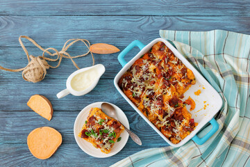 sweet potato casserole with bacon, cheese, onion