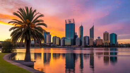 A scenic cityscape photograph of Perth, Australia at sunset, taken from across the Swan River