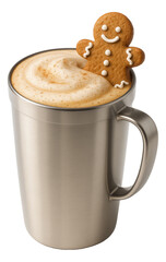 Large travel mug of gingerbread-spiced latte featuring a gingerbread cookie perched on the rim.