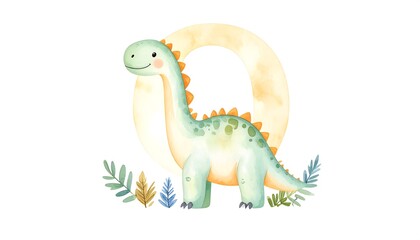 Naklejka premium Cute dinosaur within letter O, surrounded by foliage