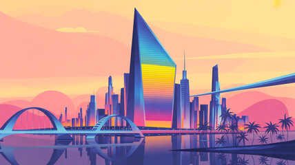 A stylized digital illustration of a modern cityscape at sunset. The skyline features several glass and steel skyscrapers with a distinctive angular architecture.