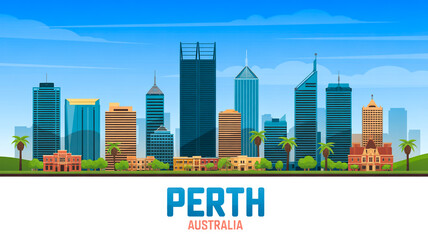 Fototapeta premium A stylized digital illustration of the Perth, Australia skyline in a flat design style. 