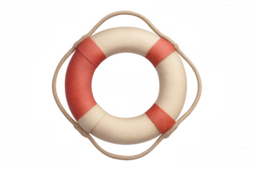 Realistic lifebuoy floating, detailed 3d rendering, nautical safety equipment with rope against transparent backdrop