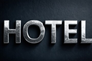 Naklejka premium Metallic signage prominently displaying the word HOTEL against a textured dark backdrop illuminating the essence of luxury accommodation and travel experiences captured with clarity