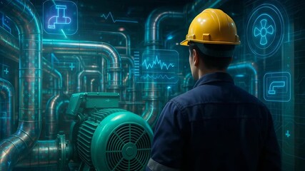 Industrial engineer wearing protective helmet monitoring advanced machinery and digital pipeline system with holographic interface in factory setting - Powered by Adobe