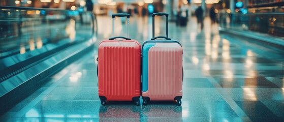 Two bright suitcases on wheels stand at the airport against a backdrop of blurred movement of people — travel, luggage advertising, articles about tourism and air travel.