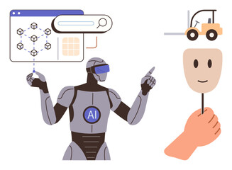 AI robot with blockchain visuals, forklift representing automation, hand holding mask symbolizing identity. Ideal for technology, innovation, AI ethics, automation, digital identity, blockchain