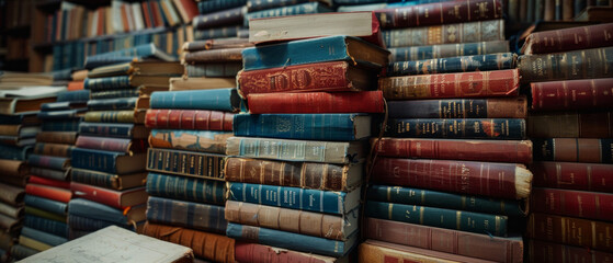 Stacks of old books — for articles on literature, education, antiques, and interior design.