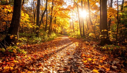 Sunlit autumn forest path. Fallen leaves blanket a trail through vibrant yellow and orange trees. Sunlight streams through the canopy