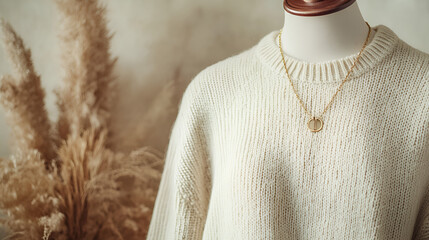 Elegant cream wool sweater with a gold pendant necklace on a mannequin display