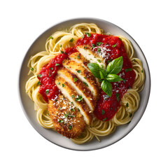 Delicious chicken parmesan with spaghetti and tomato sauce on transparent background