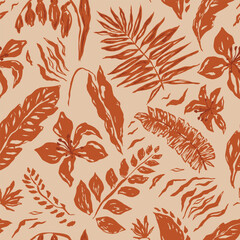 Brown tropical boho seamless pattern. Summer botanical dry palm leaves, flowers, foliage texture. Ethnic print, wallpaper, repeat background, hand drawn textile design, natural hippie ornament. Vector
