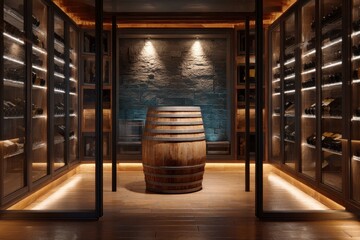 Lit wine cellar with glass cabinets filled with bottles, wood barrel in front