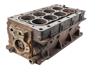 Rusty cast iron engine cylinder block with eight bores metal isolated on a transparent background