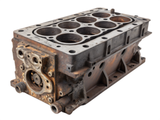 Rusty cast iron engine cylinder block with eight bores metal isolated on a transparent background